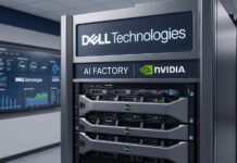 Dell y NVIDIA aceleran la adopción de IA agéntica empresarial del puesto de trabajo al centro de datos Fotografía en render 3D de alta definición de un centro de datos corporativo con un rack de servidores Dell PowerEdge en primer plano, rotulado en la parte superior con los logotipos de Dell Technologies y AI FACTORY NVIDIA, junto a una pantalla mural interactiva con métricas y gráficas de telemetría de IA al fondo.