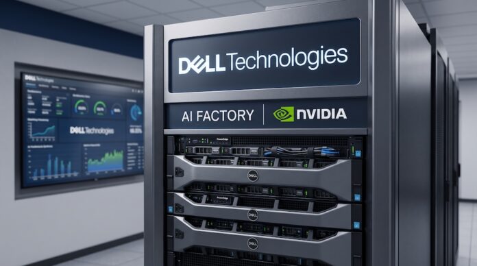 Fotografía en render 3D de alta definición de un centro de datos corporativo con un rack de servidores Dell PowerEdge en primer plano, rotulado en la parte superior con los logotipos de Dell Technologies y AI FACTORY NVIDIA, junto a una pantalla mural interactiva con métricas y gráficas de telemetría de IA al fondo.