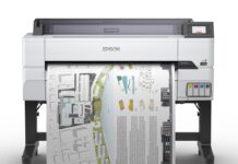 Epson SureColor Serie T: Flexibilidad y alta precisión para la impresión técnica de gran formato Fotografía en render de producto de vista frontal de la impresora de gran formato Epson SureColor T5475 de 36 pulgadas con soporte de rodillos, mostrando la salida impresa de un plano arquitectónico a color de alta precisión.
