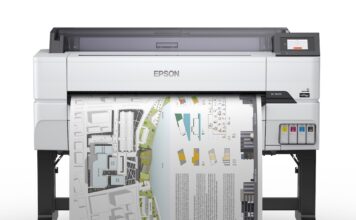 Epson SureColor Serie T: Flexibilidad y alta precisión para la impresión técnica de gran formato Fotografía en render de producto de vista frontal de la impresora de gran formato Epson SureColor T5475 de 36 pulgadas con soporte de rodillos, mostrando la salida impresa de un plano arquitectónico a color de alta precisión.