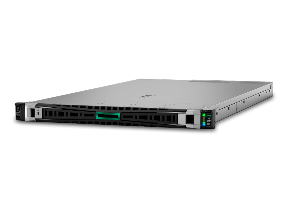 Fotografía en render de producto en perspectiva de tres cuartos del servidor en rack ultradelgado HPE ProLiant DL525 Gen13 de 1U de altura, mostrando su bisel frontal con rejilla metálica negra y luces de estado LED integradas.