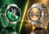 HUAWEI WATCH GT 7 Series vs. GT 6 Series: la evolución que revoluciona tu salud y entrenamiento Fotografía publicitaria en render 3D de dos relojes inteligentes HUAWEI WATCH GT 7 Series de frente, uno a la izquierda con correa de fluoroelastómero verde y bisel nanotecnológico, y otro a la derecha con acabado metálico, bisel dorado y correa beige tejida.