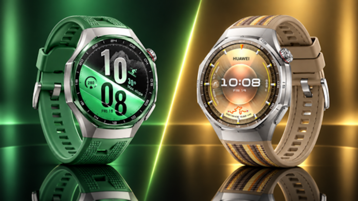 Huawei presenta la nueva HUAWEI WATCH GT 7 Series con bisel de cerámica nanotecnológica y tecnología TruSense Fotografía publicitaria en render 3D de dos relojes inteligentes HUAWEI WATCH GT 7 Series de frente, uno a la izquierda con correa de fluoroelastómero verde y bisel nanotecnológico, y otro a la derecha con acabado metálico, bisel dorado y correa beige tejida.