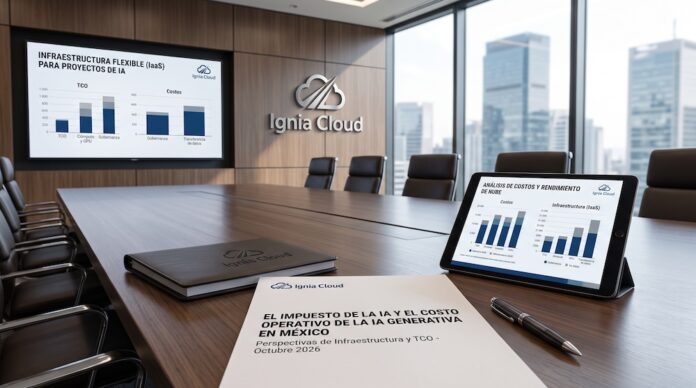 Ignia Cloud advierte sobre el Impuesto de la IA y propone arquitecturas de nube con costos predecibles Fotografía de una sala de juntas corporativa de Ignia Cloud con vista panorámica a la ciudad, mostrando una pantalla con gráficas sobre infraestructura flexible IaaS, una tableta digital con análisis de costos de nube y un reporte impreso sobre el Impuesto de la IA y TCO en México.