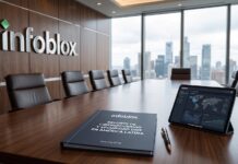 Infoblox impulsa la ciberseguridad preventiva frente a la automatización del cibercrimen Fotografía de una sala de juntas corporativa de Infoblox con un ventanal que muestra un horizonte de rascacielos, sobre cuya mesa de madera se observa una tableta con un mapa de ciberamenazas mundiales y el documento impreso del Reporte de Ciberseguridad y Seguridad DNS en América Latina.