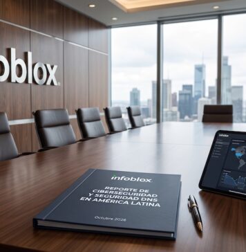 Infoblox impulsa la ciberseguridad preventiva frente a la automatización del cibercrimen Fotografía de una sala de juntas corporativa de Infoblox con un ventanal que muestra un horizonte de rascacielos, sobre cuya mesa de madera se observa una tableta con un mapa de ciberamenazas mundiales y el documento impreso del Reporte de Ciberseguridad y Seguridad DNS en América Latina.
