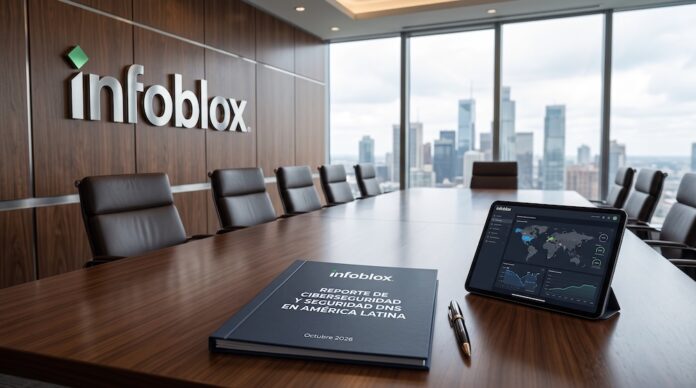 Infoblox impulsa la inteligencia DNS para bloquear la infraestructura maliciosa antes de que alcance a las empresas Fotografía de una sala de juntas corporativa de Infoblox con un ventanal que muestra un horizonte de rascacielos, sobre cuya mesa de madera se observa una tableta con un mapa de ciberamenazas mundiales y el documento impreso del Reporte de Ciberseguridad y Seguridad DNS en América Latina.