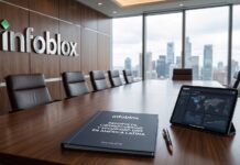 Infoblox abre oficina en Ciudad de México para reforzar la ciberseguridad preventiva y la infraestructura crítica del país Fotografía de una sala de juntas corporativa de Infoblox con vista panorámica a los rascacielos de la Ciudad de México, donde se observa sobre una gran mesa de madera una tableta digital con mapas de ciberamenazas y la carpeta corporativa del Reporte de Ciberseguridad y Seguridad DNS en América Latina.