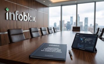 Infoblox abre oficina en Ciudad de México para reforzar la ciberseguridad preventiva y la infraestructura crítica del país Fotografía de una sala de juntas corporativa de Infoblox con vista panorámica a los rascacielos de la Ciudad de México, donde se observa sobre una gran mesa de madera una tableta digital con mapas de ciberamenazas y la carpeta corporativa del Reporte de Ciberseguridad y Seguridad DNS en América Latina.