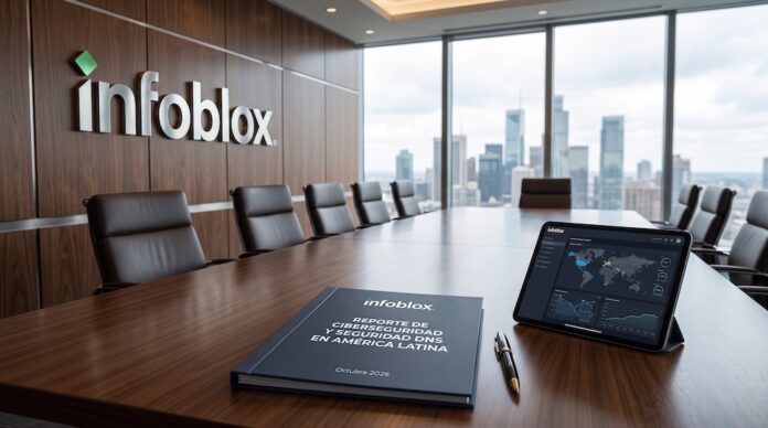 Fotografía de una sala de juntas corporativa de Infoblox con vista panorámica a los rascacielos de la Ciudad de México, donde se observa sobre una gran mesa de madera una tableta digital con mapas de ciberamenazas y la carpeta corporativa del Reporte de Ciberseguridad y Seguridad DNS en América Latina.