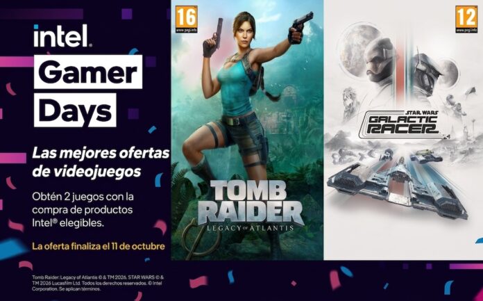 Banner promocional de la campaña Intel Gamer Days 2026 dividido en tres secciones: a la izquierda, el logotipo de Intel Gamer Days con el mensaje de la oferta en tipografía blanca y amarilla; al centro, el arte promocional de Lara Croft para Tomb Raider: Legacy of Atlantis; y a la derecha, la portada del videojuego STAR WARS: Galactic Racer con naves espaciales y pilotos.