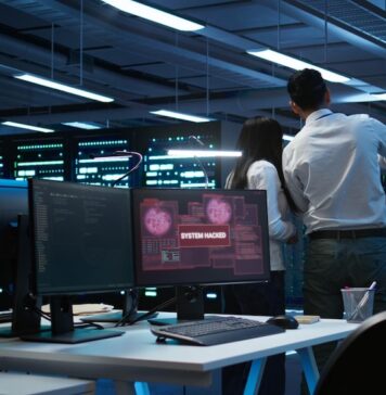 KIO IT Services advierte sobre la nueva era de ciberataques con IA y los cinco riesgos rumbo a 2027 Fotografía en plano general de un centro de operaciones de seguridad (SOC) o sala de servidores en penumbra, donde dos analistas de espaldas revisan los racks mientras en el monitor de un escritorio en primer plano se muestra una alerta roja con el mensaje "SYSTEM HACKED".