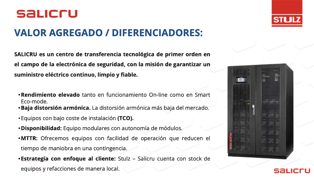 Lámina corporativa sobre fondo blanco titulada "VALOR AGREGADO / DIFERENCIADORES" con los logotipos de Salicru y Stulz junto a la fotografía de un gabinete modular de respaldo eléctrico.