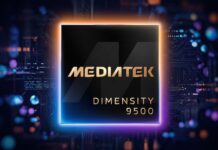 MediaTek y Samsung potencian la serie Galaxy Tab S12 con la potencia del Dimensity 9500 Ilustración conceptual en render 3D del procesador MediaTek Dimensity 9500 con tipografía dorada en un circuito integrado ilumninado por un resplandor azul y naranja sobre un fondo tecnológico de luces de neón.