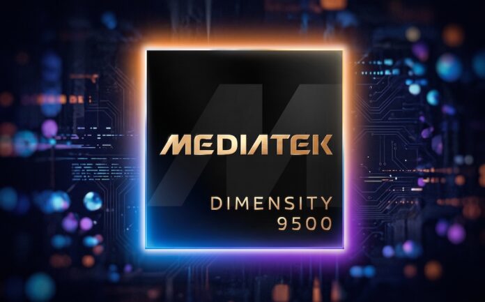 MediaTek Dimensity 9500 impulsa la IA en el dispositivo y el rendimiento de nivel insignia Ilustración conceptual en render 3D del procesador MediaTek Dimensity 9500 con tipografía dorada en un circuito integrado ilumninado por un resplandor azul y naranja sobre un fondo tecnológico de luces de neón.