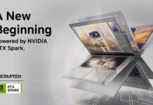 NVIDIA y MediaTek lanzan RTX Spark: el nuevo superchip para agentes de IA locales en Windows Gráfico promocional sobre fondo gris degradado que muestra una laptop convertible con chasis transparente exhibiendo sus componentes internos y el chip central, junto a las frases en inglés "A New Beginning. Powered by NVIDIA RTX Spark" y los logotipos de MediaTek y NVIDIA RTX SPARK.