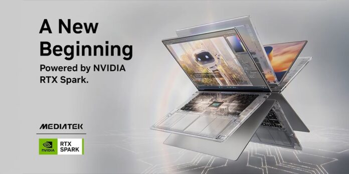 MediaTek y NVIDIA presentan la plataforma RTX Spark para ejecutar agentes de IA en PCs locales Gráfico promocional sobre fondo gris degradado que muestra una laptop convertible con chasis transparente exhibiendo sus componentes internos y el chip central, junto a las frases en inglés
