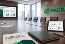 Veeam lanza un programa global para garantizar el control y la soberanía de los datos Fotografía de una sala de juntas ejecutiva de Veeam Software con ventanales hacia la ciudad, que muestra en la pared una pantalla con la presentación "El Control de la Soberanía de sus Datos", sobre la mesa una tableta digital con métricas de gobernanza y un documento impreso sobre el Programa Global de Proveedores de Servicios Soberanos.