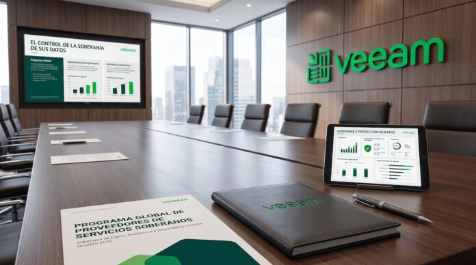 Michelle Graff, Vicepresidenta Senior de Alianzas Globales de Veeam, anuncia la Competencia de Soberanía de Datos dentro del programa VCSP para garantizar el control local e institucional. Fotografía de una sala de juntas ejecutiva de Veeam Software con ventanales hacia la ciudad, que muestra en la pared una pantalla con la presentación
