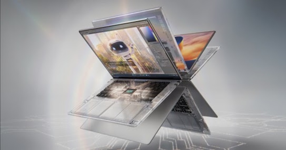 Ilustración conceptual en render 3D de una laptop convertible desplegada en abanico sobre un fondo plateado, mostrando su chasis transparente con el superchip NVIDIA RTX Spark iluminado internamente y agentes de IA en pantalla.