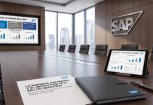 SAP presenta la Empresa Autónoma impulsada por Joule y SAP Business AI Platform Fotografía de una sala de juntas ejecutiva de SAP con un ventanal hacia un panorama urbano, que muestra en la pared una pantalla con la presentación "La Empresa Autónoma en Acción", sobre la mesa una tableta digital con paneles de rendimiento y un reporte impreso sobre el impacto de la IA en los negocios.