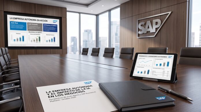 SAP presenta la Empresa Autónoma impulsada por Joule Work, Joule Assistants y SAP Business AI Platform Fotografía de una sala de juntas ejecutiva de SAP con un ventanal hacia un panorama urbano, que muestra en la pared una pantalla con la presentación