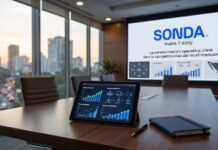 SONDA impulsa la transformación operativa como motor clave de la competitividad del retail mexicano Fotografía en perspectiva de una sala de juntas corporativa con vista a la ciudad al atardecer, mostrando sobre la mesa de madera una tableta digital con gráficas de procesos logísticos y comercio electrónico, y al fondo una pantalla interactiva con el logotipo de SONDA y la frase "La transformación operativa: clave para la competitividad del retail mexicano".