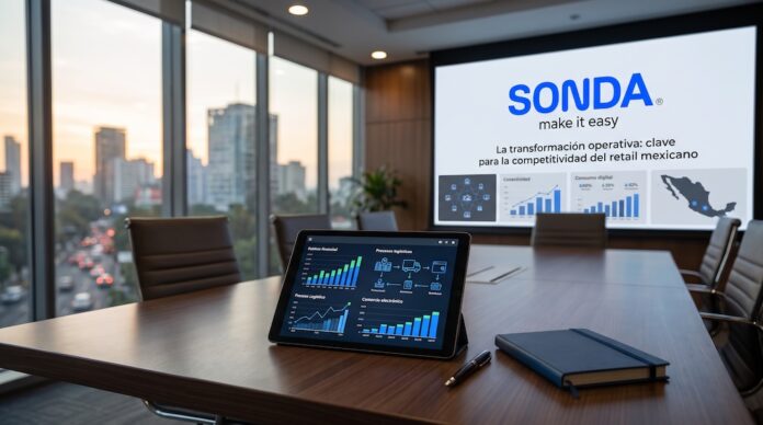 Fotografía en perspectiva de una sala de juntas corporativa con vista a la ciudad al atardecer, mostrando sobre la mesa de madera una tableta digital con gráficas de procesos logísticos y comercio electrónico, y al fondo una pantalla interactiva con el logotipo de SONDA y la frase 