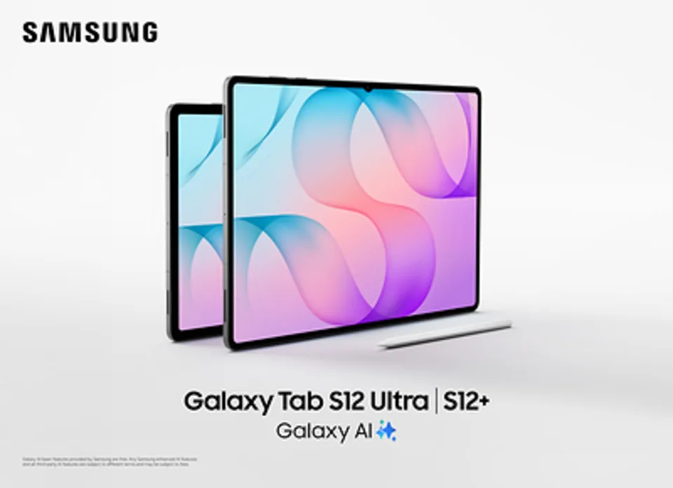 Imagen promocional de las tabletas Samsung Galaxy Tab S12 Ultra y Galaxy Tab S12+ exhibidas de perfil junto a un lápiz S Pen blanco, con el logotipo de Samsung y la leyenda "Galaxy AI".