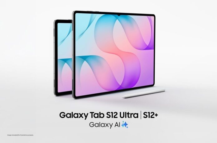 Fotografía publicitaria en render 3D de las dos tabletas Samsung Galaxy Tab S12 Ultra y Galaxy Tab S12+ alineadas de perfil frente a un fondo blanco, mostrando sus pantallas brillantes de colores pastel y el lápiz óptico S Pen blanco recostado al frente.