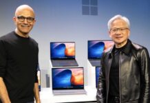 NVIDIA y Microsoft impulsan la era de los agentes de IA locales con Windows y RTX Spark Fotografía en plano medio de Satya Nadella, CEO de Microsoft, y Jensen Huang, CEO de NVIDIA, posando sonrientes en un escenario junto a la nueva línea de laptops Surface y equipos compatibles con RTX Spark.
