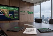 Resiliencia ante el clima extremo: Schneider Electric destaca el valor de la visibilidad energética en emergencias Fotografía de una sala de juntas ejecutiva de Schneider Electric con vista a una ciudad lluviosa, mostrando una pantalla con un mapa de México que monitorea en tiempo real los huracanes Polo y Rachel junto a métricas de infraestructura, y sobre la mesa de madera una carpeta, un informe de evaluación energética fechado en octubre de 2026 y una tableta digital.