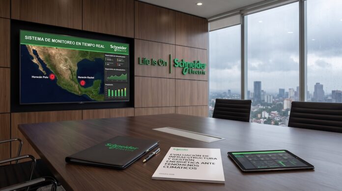 Fotografía de una sala de juntas ejecutiva de Schneider Electric con vista a una ciudad lluviosa, mostrando una pantalla con un mapa de México que monitorea en tiempo real los huracanes Polo y Rachel junto a métricas de infraestructura, y sobre la mesa de madera una carpeta, un informe de evaluación energética fechado en octubre de 2026 y una tableta digital.