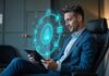 Sophos lanza AI Defense ante el auge de Shadow AI: el 69% de las empresas sospecha el uso de herramientas no autorizadas Fotografía en plano medio de un ejecutivo sonriendo sentado en un sillón de piel en una oficina moderna, sosteniendo una tableta electrónica de la cual se proyecta una interfaz holográfica circular en color azul brillante con iconos de aplicaciones y candados de ciberseguridad.