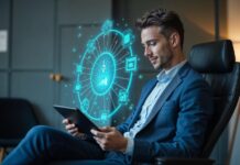 Sophos lanza AI Defense ante el auge de Shadow AI: el 69% de las empresas sospecha el uso de herramientas no autorizadas Fotografía en plano medio de un ejecutivo sonriendo sentado en un sillón de piel en una oficina moderna, sosteniendo una tableta electrónica de la cual se proyecta una interfaz holográfica circular en color azul brillante con iconos de aplicaciones y candados de ciberseguridad.