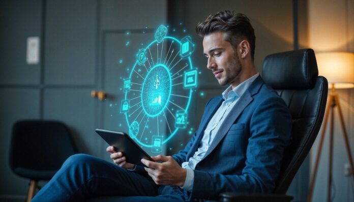 Sophos advierte sobre el auge de la IA en la sombra en los entornos laborales Fotografía en plano medio de un ejecutivo sonriendo sentado en un sillón de piel en una oficina moderna, sosteniendo una tableta electrónica de la cual se proyecta una interfaz holográfica circular en color azul brillante con iconos de aplicaciones y candados de ciberseguridad.