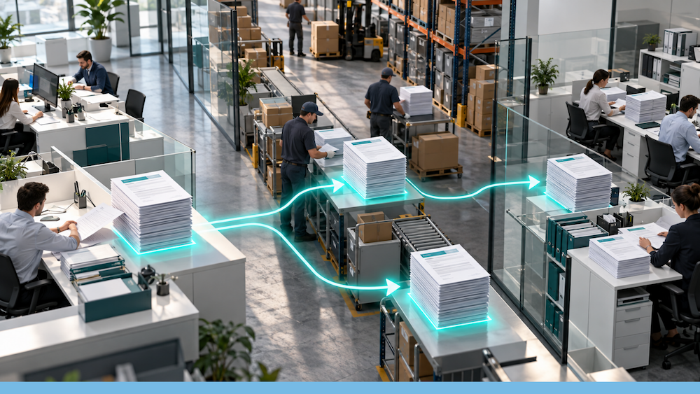 Ilustración conceptual en vista aérea que integra un centro de distribución logístico y oficinas corporativas, donde flechas de luz azul neón conectan grandes pilas de documentos impresos que se trasladan digitalmente entre escritorios, estantes de almacén y estaciones de trabajo.