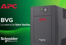 Schneider Electric: Que nada desconecte lo que importa Gráfico promocional de APC por Schneider Electric destacando en primer plano un sistema UPS de la serie BVG de color negro junto al eslogan "BVG: Lo esencial bien hecho".